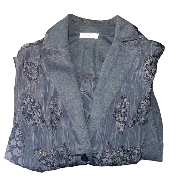 Bonita Women's Button Front Crinkle Jacket l Beaded Lace Accent Black Size 46 L - Picture 3 of 14